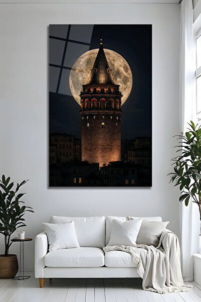 Parıltı Yayınları Dolunaylı Galata Kulesi Gece Manzaralı Dikey Cam Tablo Lüks...