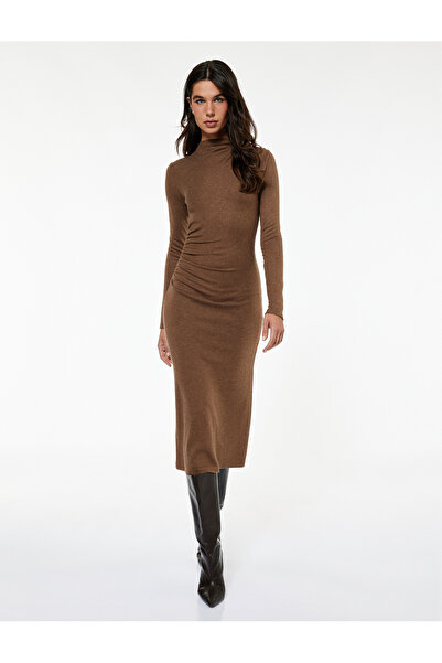 Koton Long Sleeve High Neckline Draped Detail Slim Fit Midi Length Pencil Dress