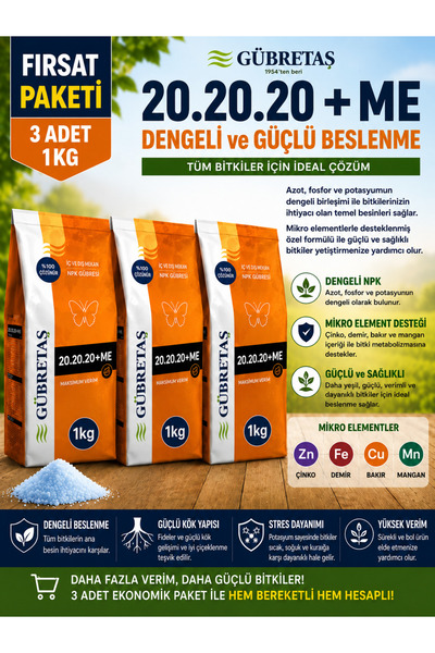 GÜBRETAŞ 3 Adet 20.20.20+Me 1kg - Avantajlı Paket ( Klorsuz Yaprak-Damlama Gü...
