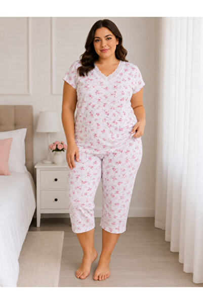 Enisa Women's 100% cotton pajama with pink floral print, short-sleeved t-shir...