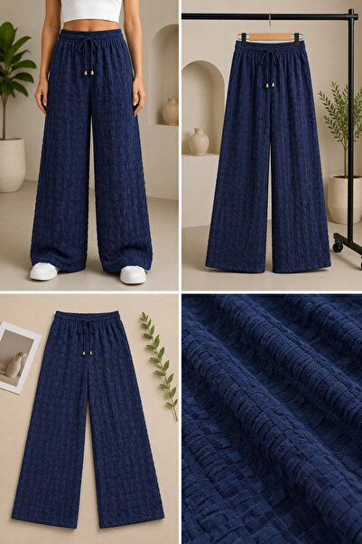 BoraVelli Embossed Textured Wide-Leg Women's Trousers with Elastic Waist
