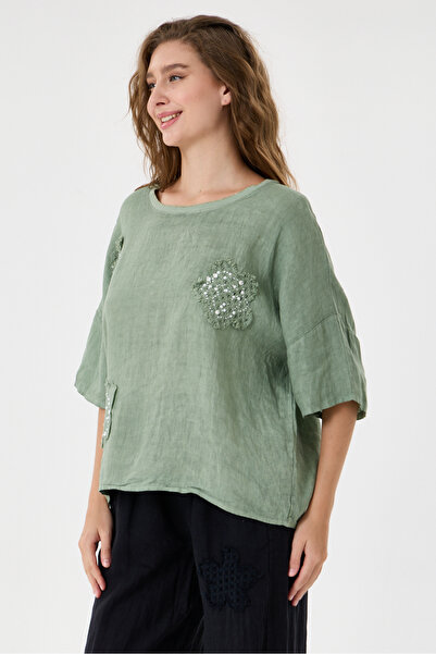 della moor Khaki Italian 100% Linen Stone Oversize Linen Blouse Size 38 - 42
