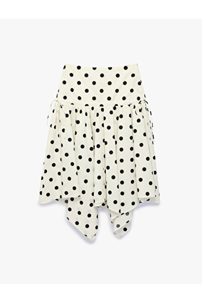 Koton Asymmetrical Cut Polka Dot Midi Poplin Skirt with Cotton Tie Detail