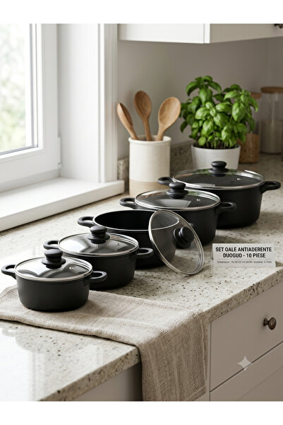 Generic Brand Set 5 Oale Antiaderente Duoguo, 10 Piese, Capace Sticlă, 18-26cm