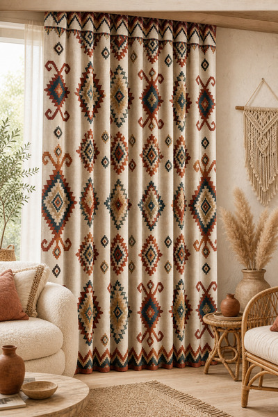 stellahomes Anadolu Kilim Desenli Etnik Fon Perde – Krem Renk Rustik Dekorati...