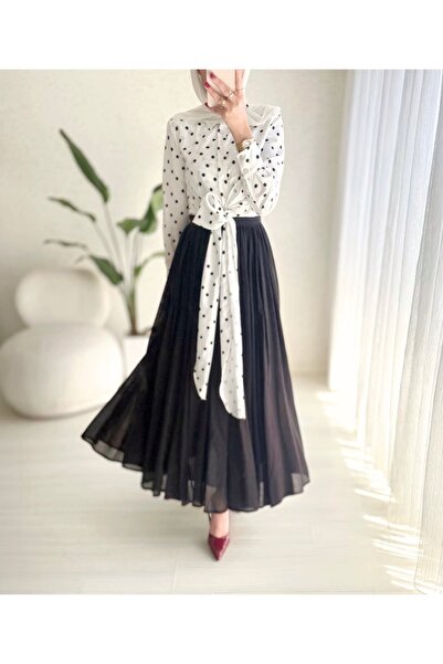 BELLASTORE Polka Dot Patterned Shirt & Pleated Skirt Set