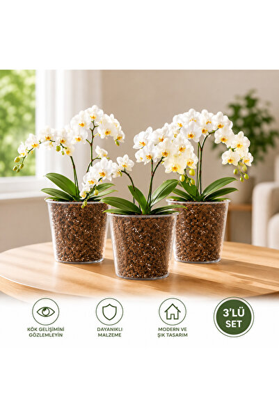 Poliwork 3'Lü Set 1,5 Litre Şeffaf Orkide Saksısı Plastik Saksı Çiçek Saksısı...