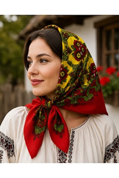 OEM Eșarfă Tradițională pentru Femei 90X90CM Galben/Roșu/Verde Model cu Impri...
