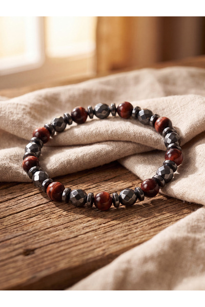 OSMANLI DEĞERLİ TAŞ Red Tiger's Eye - Hematite Natural Stone Bracelet (8 mm)