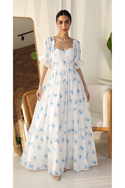 2TRENDY Women's Floral Print Short Puff Sleeve Long Dress White