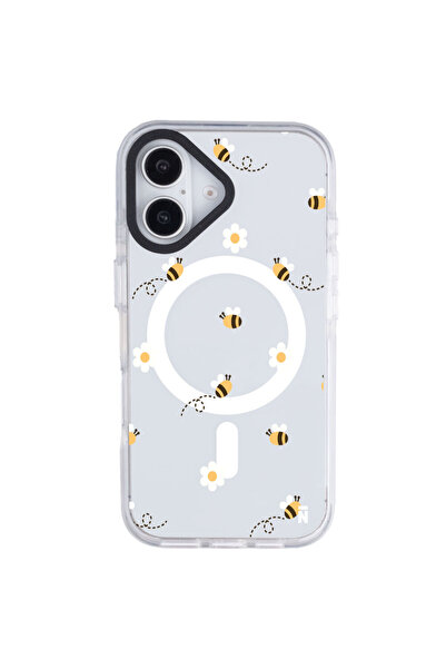 Casen iPhone 16 Yanları Beyaz Magsafe Arty Şeffaf Bees and Flowers Tasarımlı ...