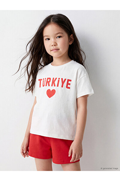 LC Waikiki Nevavm Girls' T-Shirt with Oval Collar and Printed Design