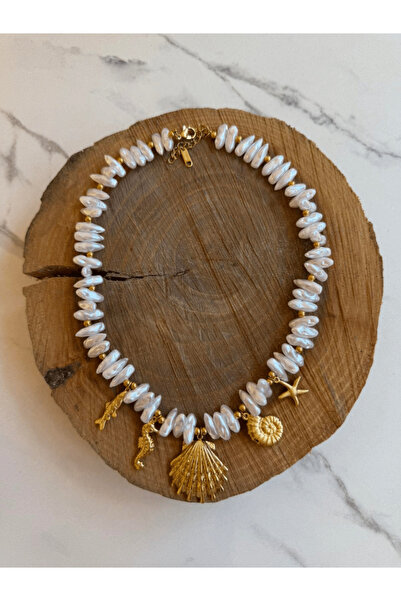 AngelsAccessories Ατσάλινο Κολιέ Μαργαριτάρι & Θαλασσινά Στοιχεία