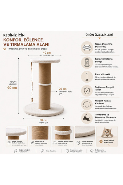 Nursoft Dev Kedi Tırmalama Direği Peluş Yataklı 20 cm Kalın Borulu