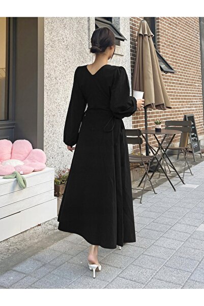 NO BRAND Rochie neagră maxi cu șnur, din bumbac cu imperfecțiuni, cu mânecă l...