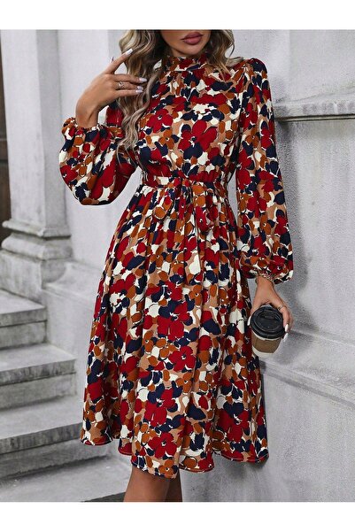 NO BRAND Rochie midi evazată florală multicoloră cu guler înalt Shein 40/42