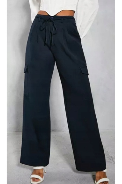 NO BRAND Pantaloni drepți bleumarin, buzunare netede, talie înaltă, Misspap 36