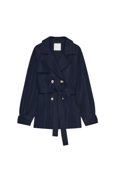 NO BRAND Trench scurt, bleumarin, la două rânduri de nasturi, cu cordon în ta...