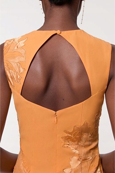 NO BRAND Rochie midi clasică portocalie cu detalii din dantelă brodată Karen ...