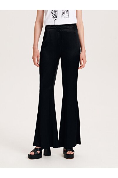 NO BRAND Pantaloni evazați din satin neted de viscoză, negri, cu talie înaltă...