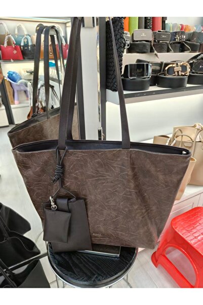 NO BRAND Geantă shopper mare din piele moale, cu fermoar și 2 buzunare detașa...