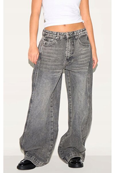 NO BRAND Pantaloni din denim gri cu picior larg, efect spălăcit, Prettylittle...