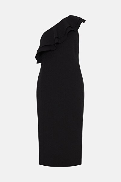 NO BRAND Rochie midi neagră, dreaptă, cu decolteu asimetric și detaliu cu vol...