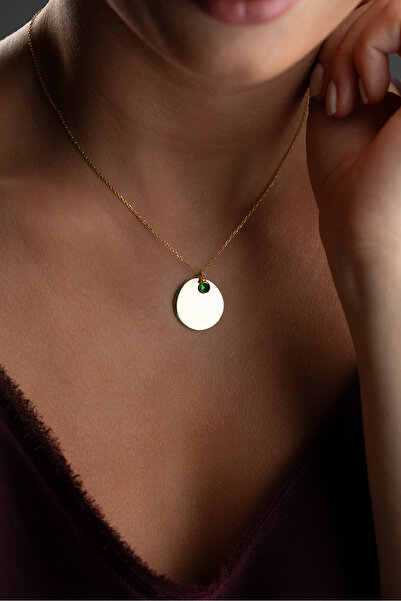 beonejewelry 925 Ayar Gümüş Zümrüt Taşlı Yuvarlak Plaka Kolye