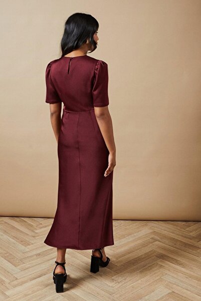 NO BRAND Rochie midi din satin bordo, netedă, cu mânecă scurtă, Oasis 36