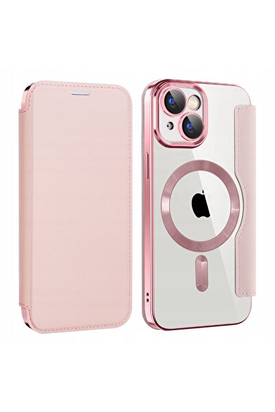 NO BRAND Husă flip cu capac pentru Magsafe iPhone 15 Plus Roz + Sticlă