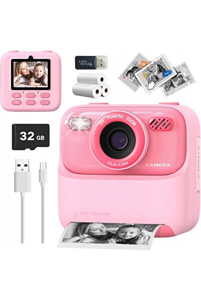 NO BRAND Aparat foto cu imprimantă instantanee pentru copii 1080P 32GB 3 role