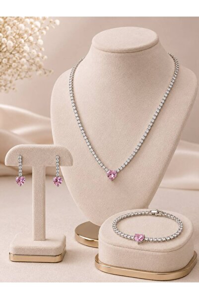 Simovia Pembe Kalpli 3 mm Zirkon Taşlı Su Yolu Kolye Bileklik Küpe 3'lü Set