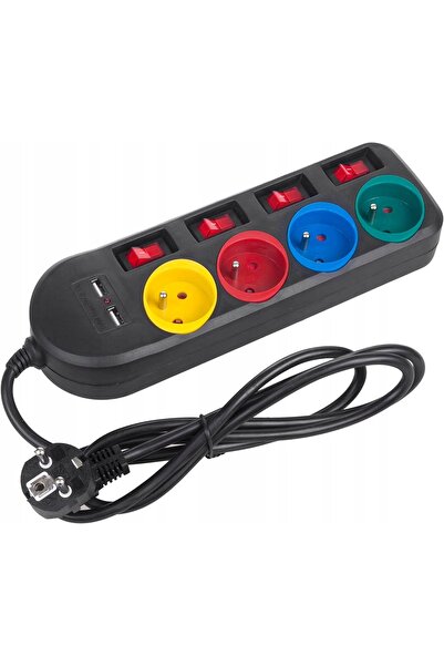 NO BRAND Prelungitor cu 4 prize + 2 porturi USB - Cablu de 1,5m