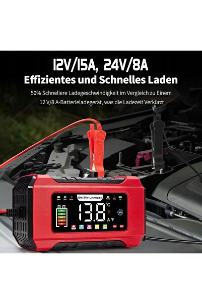 NO BRAND Încărcător auto 12V / 24V 15A cu mod de reparare și afișaj LCD