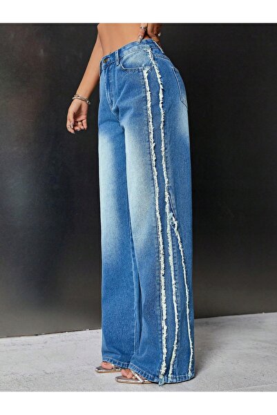NO BRAND Pantaloni din denim albaștri, lungi, drepți, cu rupturi, Shein 40