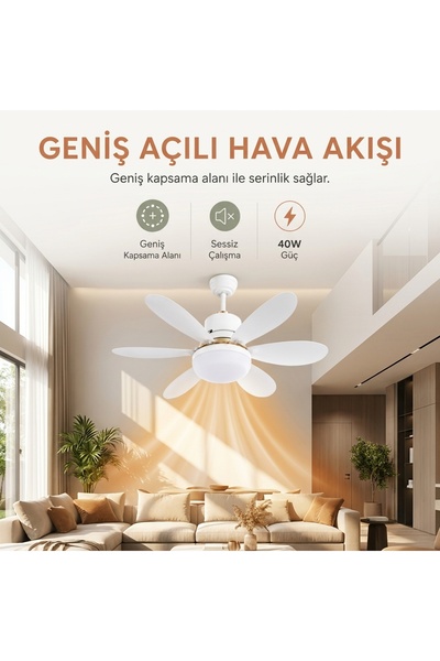 Arvonx 6 Kanatlı, Işıklı Sessiz Çalışma Tavan Tip Vantilatör 3 Işık Modu 3 Ka...