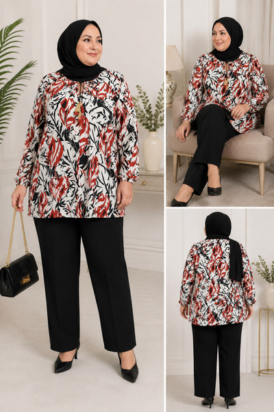 Doğan Büyük Beden Desenli Bluz Tesettür Bluz Siyah Ekru Kırmızı Yaprak Desenl...