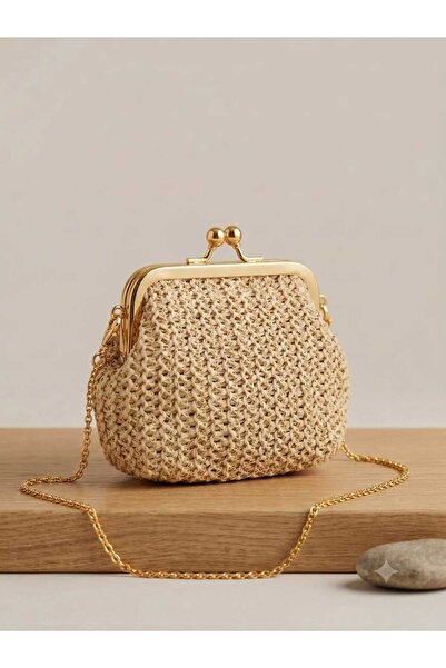 DYG STORE Yazlik Gold Detailled Straw Chain Strap and Handbag