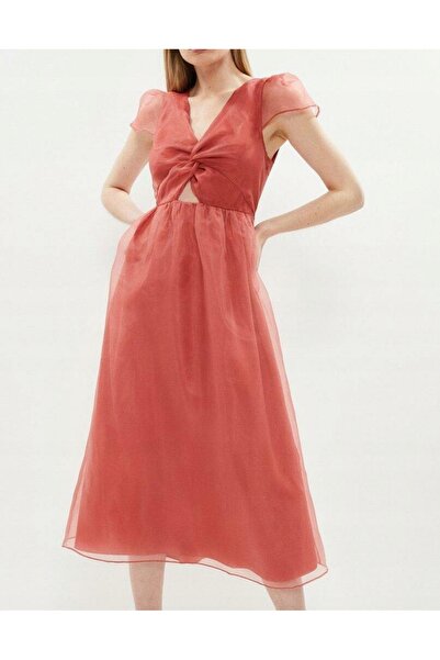 NO BRAND Rochie midi coral clasică cu țesătură decorativă, mânecă scurtă, Coa...