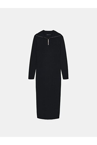 NO BRAND Rochie midi mulată cu dungi negre, mâneci lungi, detaliu cu fermoar, L