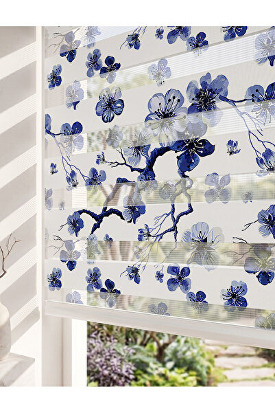 AD Home Mavi Kiraz Çiçekleri Dijital Baskılı Japon Sakura Zebra Perde