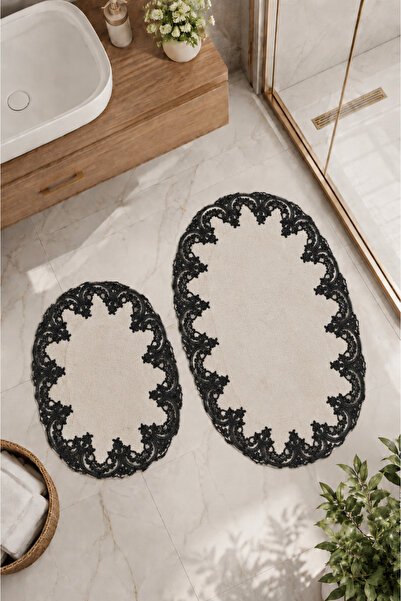 Bonny Home Mink 2-Piece Lace Non-Slip Leather Based Oval Bath Mat Set with La...