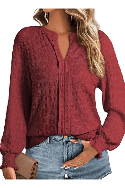 OEM Bluză Damă Cămașă V-Neck Mânecă Lungă Elegantă Casual Roșie L