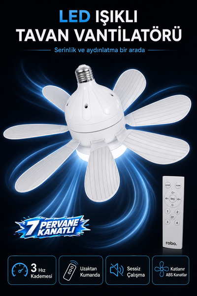 ROBO LED Işıklı Tavan Vantilatörü – 40 cm, 7 Kanat, E27 Duy, Uzaktan Kumandalı