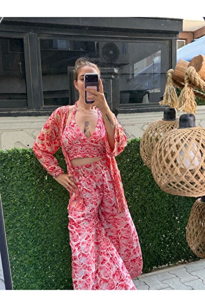 ELA İthal İpek Kumaş Etnik Desen Büstiyer, Pantolon & Kimono Takım