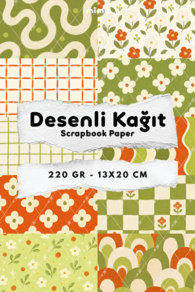Mimu Art Studio Turuncu Çiçek Yeşil Ekose Dalga Desenli Kağıt Seti Scrapbook ...