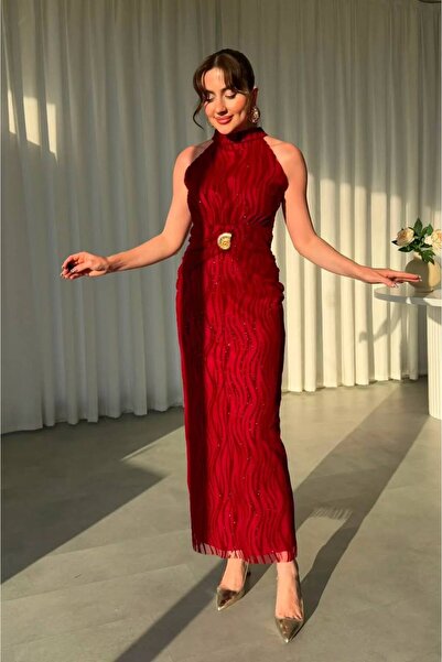 BNGL Boutique Simli, desenli, şık ve zarif abiye/ elbise bordo renk