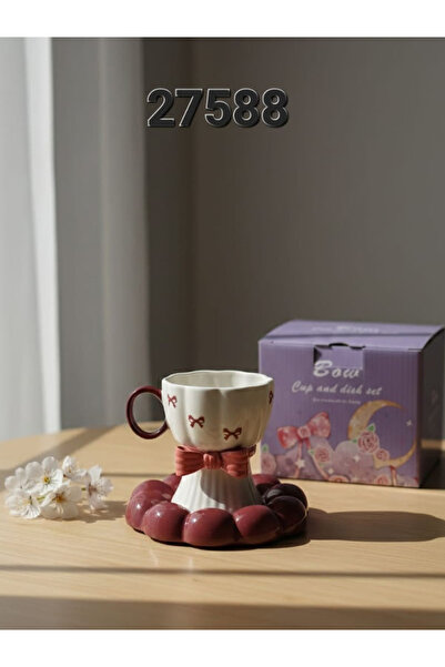 Generic طقم فنجان وصحن قهوة سيراميك بتصميم "ببيونة" (فيونكة) أنيق