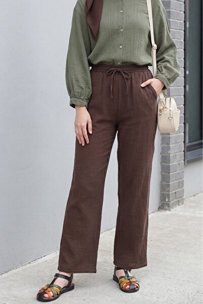 Modamorfo Muslin Pants with Lace Detail and Pockets, Elastic Waist - Dark Brown