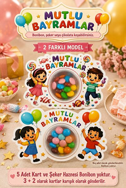 Emtory Home Mix 5 Adet Mutlu Bayramlar Şeker Kartı - Bayram Hediyesi - 10x12c...